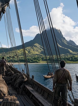 Captain William Brown standing on deck as the ship sails into what will become Honolulu Harbor