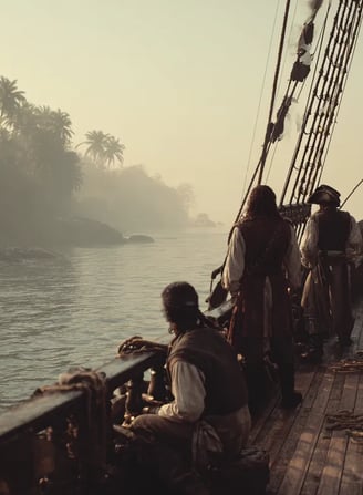 Blackbeard, hair braided with slow-burning fuses, stands on the quarterdeck of the captured vessel