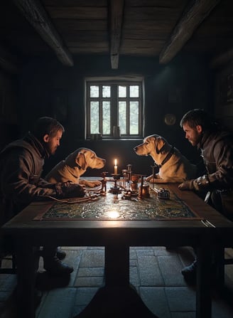center of a small hall, the two dogs positioned side by side on a stained table