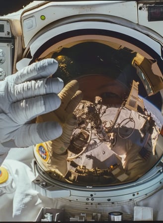 ullivan’s reflective helmet visor, showing the vastness of Earth mirrored in the glass