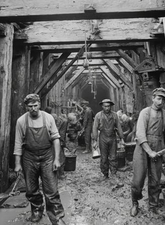 timber-lined cofferdam illuminated by kerosene lanterns, workers in suspenders and wool caps