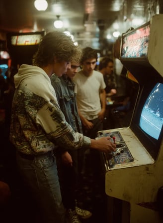 teenage player in a graphic-print shirt grips the joystick