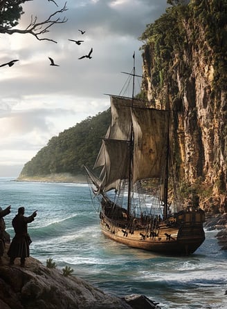 1642 Tasman observes Tasmania coast, forest, sea birds, crew mapping.