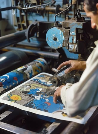 freshly printed pages of Johan and Pirlouit rolling off an old printing press