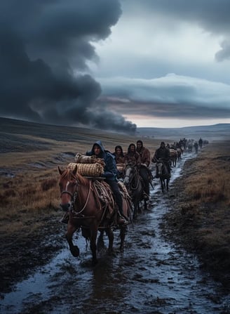 Creek families loading wagons with meager possessions under watch of uniformed agents on horseback