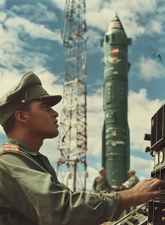 Soviet soldier at a missile launch site in Cuba, adjusting controls on a large metal panel