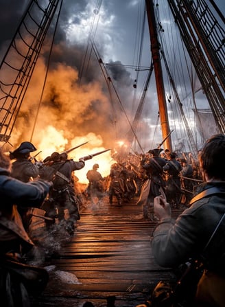 deck of the pirate ship engulfed in smoke and shouting, Captain Barnet’s marines boarding