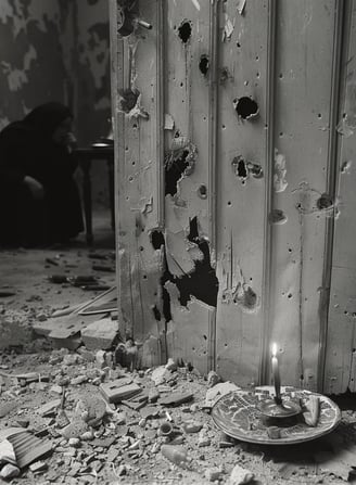 wooden door hanging off its hinges, bullet holes riddling its surface