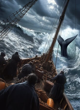 Dramatic scene under stormy skies, the ship Essex listing sharply as it encounters rough seas