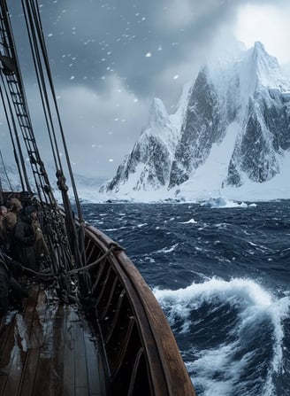 Dramatic view of Antarctica’s jagged coast seen from the deck of a wooden schooner