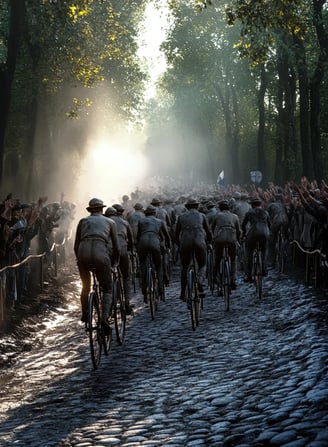 Early dawn at a cobblestone road outside Paris, dozens of cyclists in wool jerseys and caps