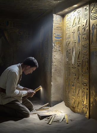 Carter kneels by a limestone door embossed with gleaming golden hieroglyphs