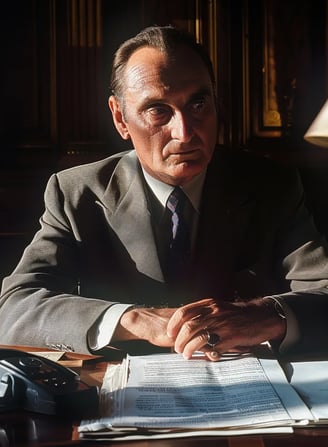 Enrico Mattei sitting behind a grand wooden desk, reviewing documents on oil contracts