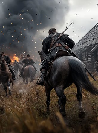 Explosive encounter on the edge of Fowltown, warriors and soldiers engaged in chaotic movement