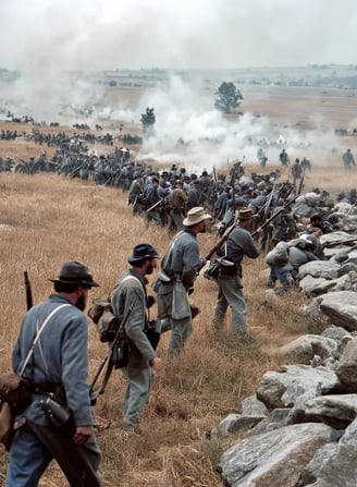 the wheatfield near Devil’s Den: Confederate infantry in butternut coats charge uphill under fire