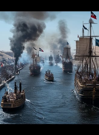 grand procession of ships led by the French imperial yacht, gliding slowly through the canal