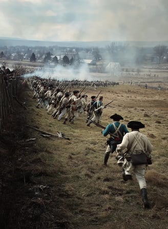 French regulars in white kurtas, blue waistcoats, and plumed tricorns storm the fort’s ramparts