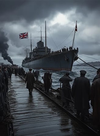 harbor scene with naval ship at anchor, gangplank extended toward dock, Sultan walking calmly across