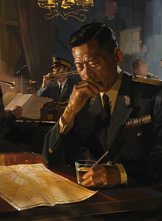 Japanese officer seated in a dimly lit lounge, sipping a glass of whiskey 