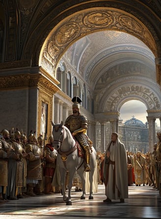 Theodosius I enters Constantinople, imperial guards, Roman crowds, triumphal arch