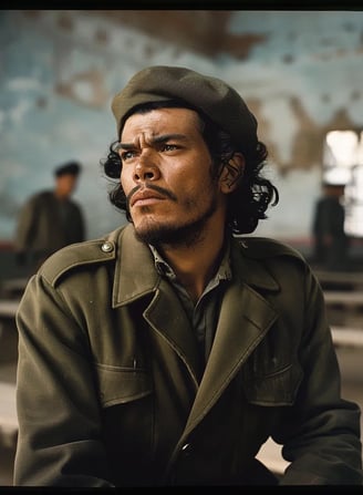 Che Guevara sitting on a wooden bench inside the schoolhouse, his hands bound