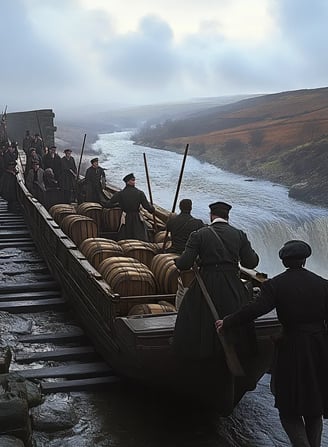 a narrowboat laden with wine barrels glides across the aqueduct’s iron channel