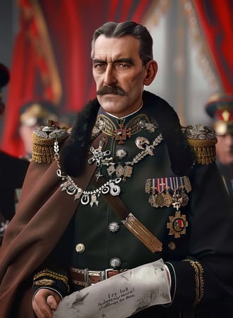 King Alexander I holding the official proclamation, dressed in formal royal attire 