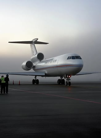 Boeing 727 taxis onto the runway beneath a smoky sky