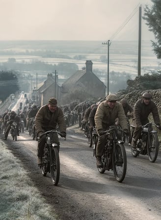 pack of racers leans into a bend on gravel roads, pistons thudding and smoke wavering behind