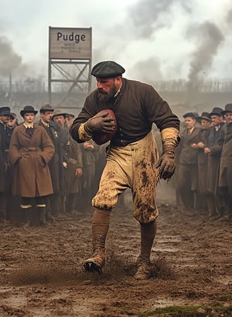 mid-action tackle on a muddy 1892 football field, Heffelfinger charging forward