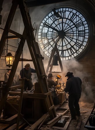 inside Westminster clock tower under construction, dusty beams and unfinished stonework