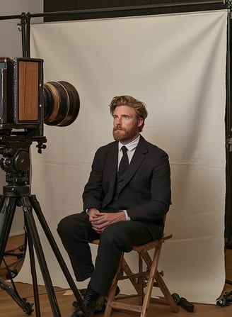 rior of a small photo studio, large brass and wood camera mounted on tripod
