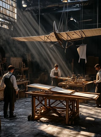 Wright Company factory in 1909 building early airplanes, aviation industry begins.