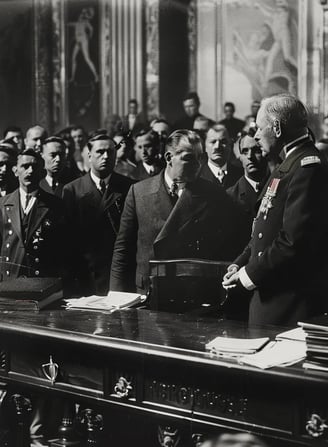 King Victor Emmanuel III standing at a grand wooden desk