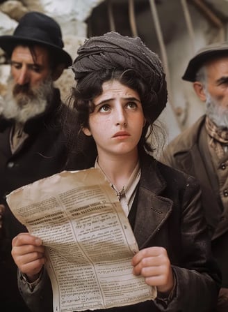 ewish settlers reading the Balfour Declaration in a small stone-walled settlement