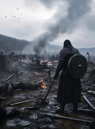 Vlad stands atop a shattered shield, his gauntleted fist clenched around a heavy mace
