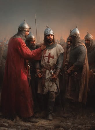 King Louis IX in a dented great helm, hands bound by silk cords, stands amid triumphant Mamluk soldi