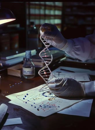 scientist’s gloved hands carefully assembling a 3D wire model of the DNA double helix