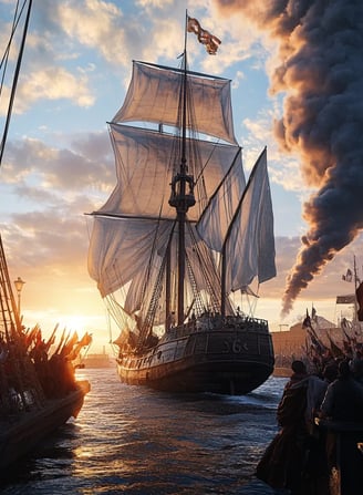 Late afternoon sun casting golden rays on the Elizabeth Watts as it pulls away from dockside