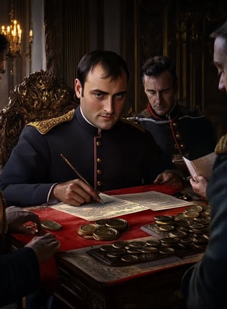Lavishly decorated imperial office, Napoleon seated at an ornate desk with gold inlays