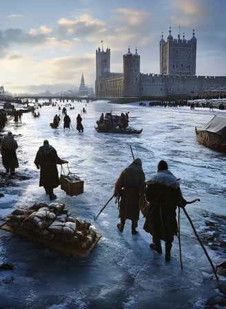 1434 frozen River Thames, people walking, skating, boats trapped in ice.