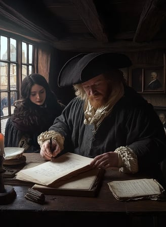 Henry Robinson is seen diligently writing at a large desk, surrounded by portraits of potential marr