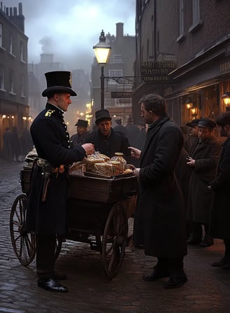 a London policeman in 1829 stopping to speak with a street vendor