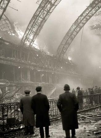 Crystal Palace interior ablaze: towering iron rafters bend in orange-red flames, shattered glass pan