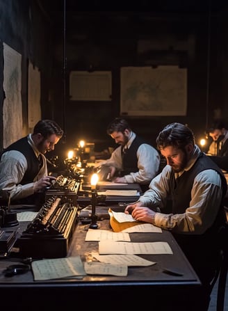 London telegraph office, 1851, gas-lit room lined with mahogany desks and brass instruments,