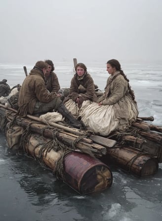 raft of broken planks and empty barrels: tattered survivors in faded naval uniforms and threadbare s
