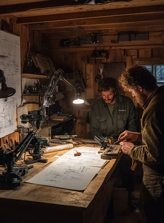 makeshift workshop in rural Normandy, wooden walls lined with sketches and blueprints