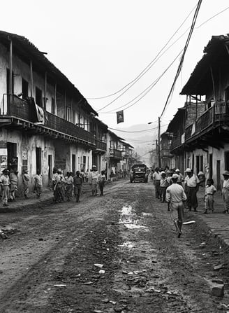 Urban street scene in Managua, dusty roads lined with Spanish-style buildings