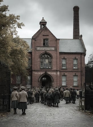 Outside a newly built red-brick elementary school in Manchester, October 1870