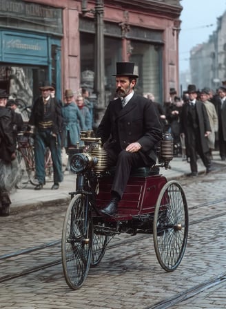 narrow city streets: the Motorwagen surges forward, its single cylinder chuffing steam